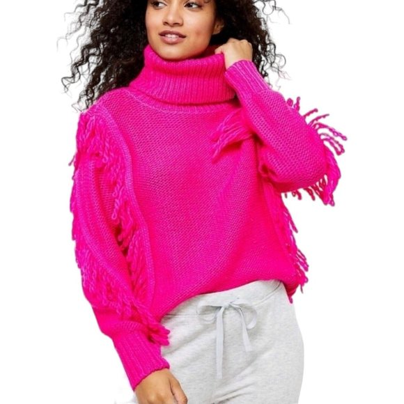 NWT Lou & Grey Loft Bright Pink Wool Blend Fringe Turtleneck Sweater Sz Small - Picture 1 of 8